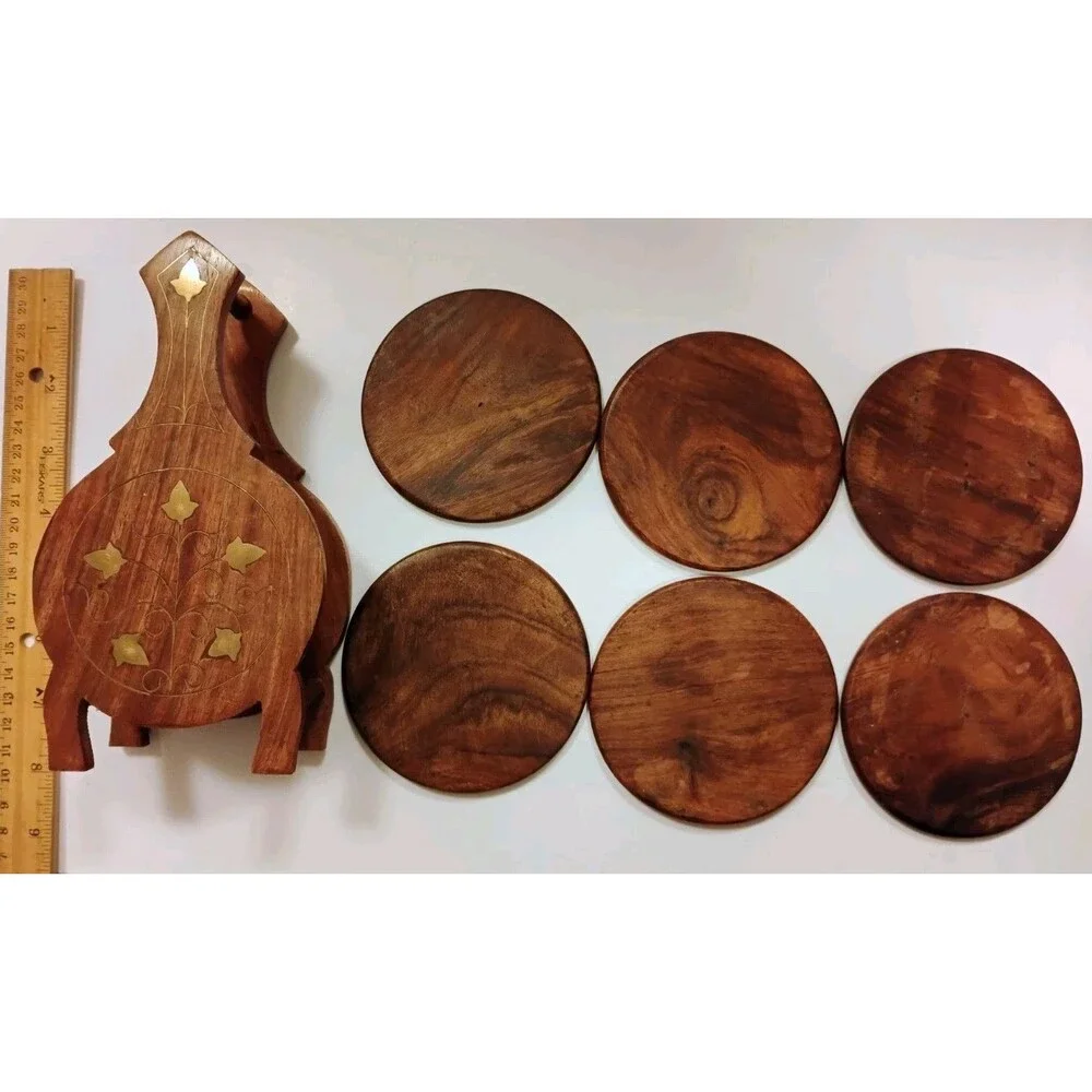 Vintage Indian Carved Sheesham Wood Coaster Set of 6 Brass Inlay Floral Holder